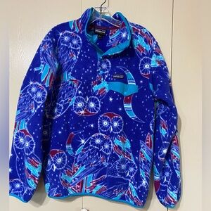 Patagonia Royal Blue Owl Print Synchilla Pullover with Teal Trim